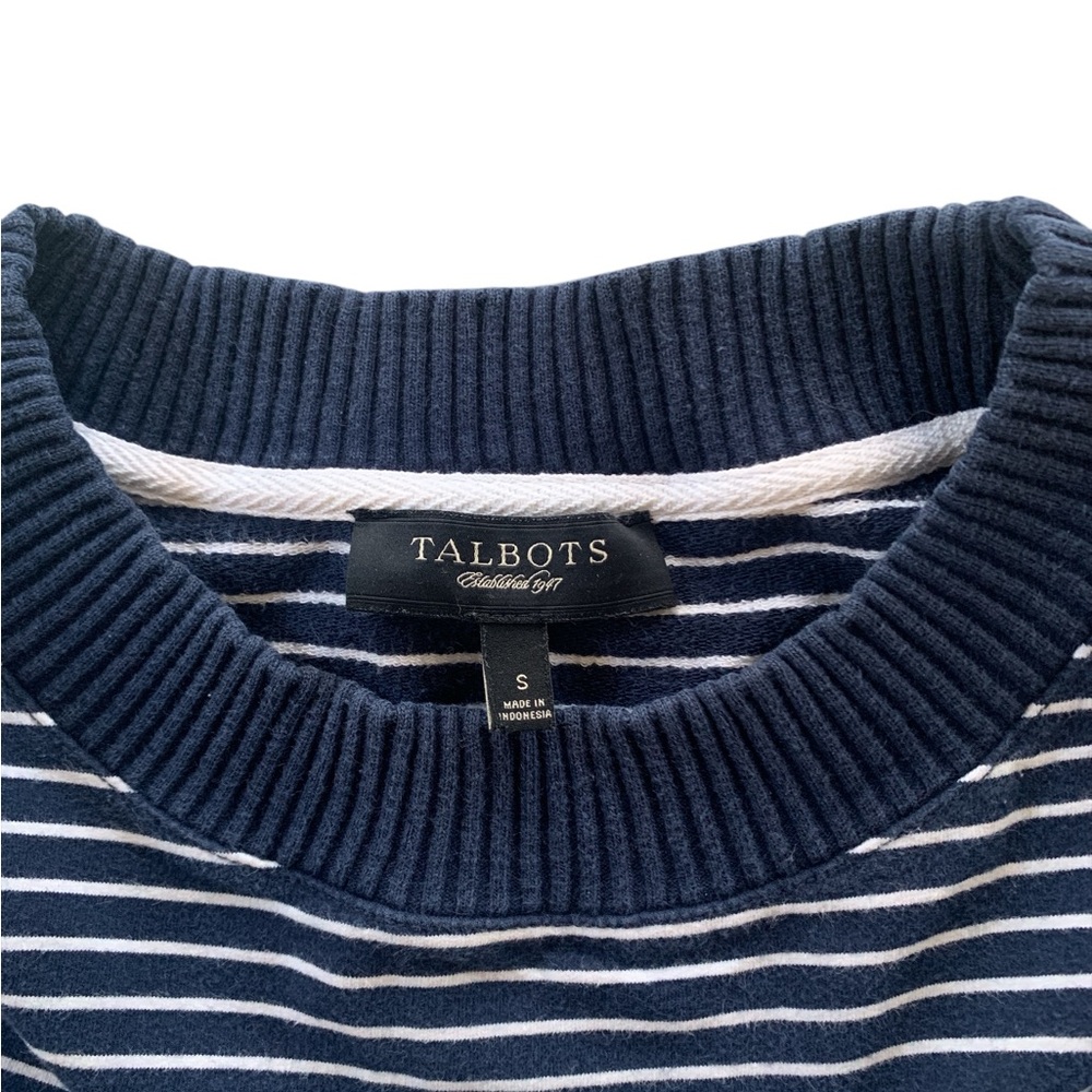 Talbots Navy Stripe Knit Top Small Coastal Grandma Ribbed Trim Pocket Preppy - Picture 2 of 6